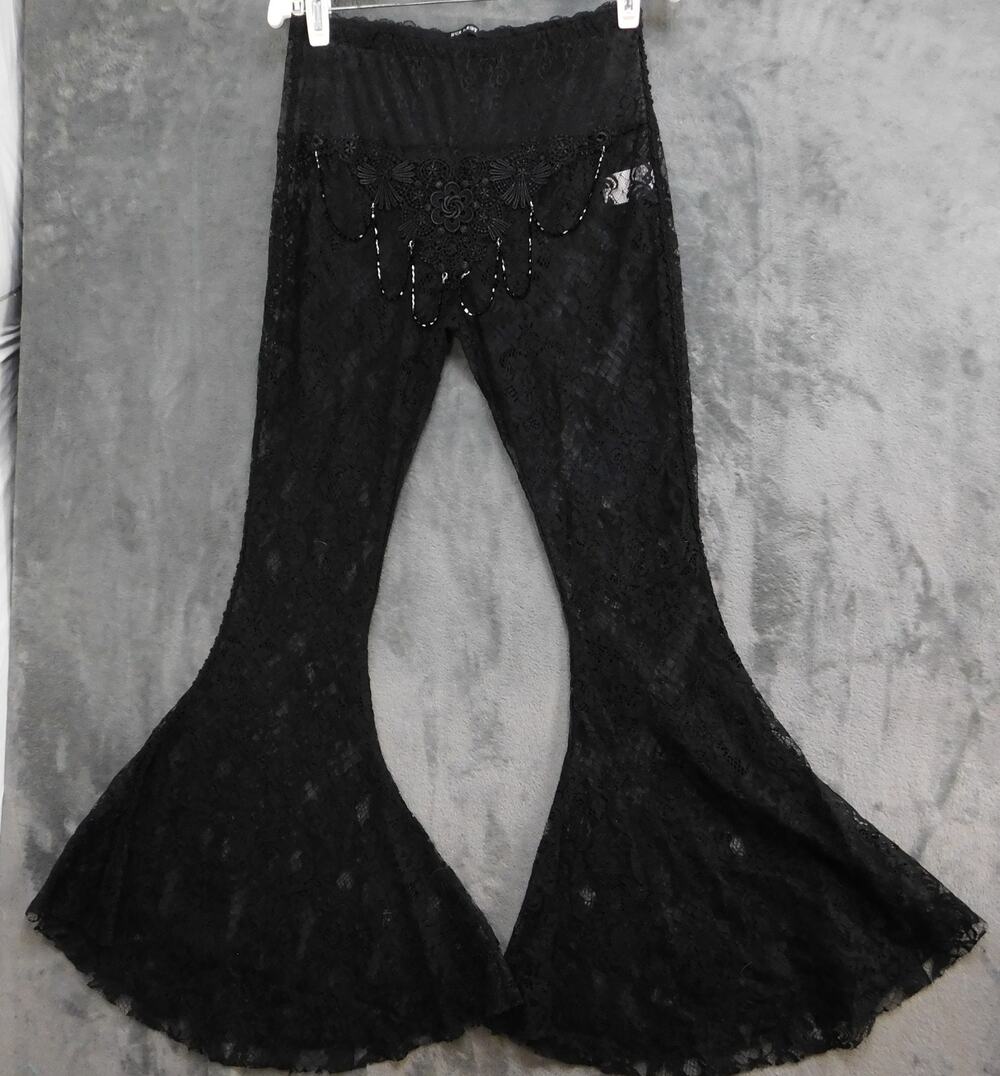 EVA LADY Women Sz M Black Lace Bell Bottom Flare Pants Beaded Festival